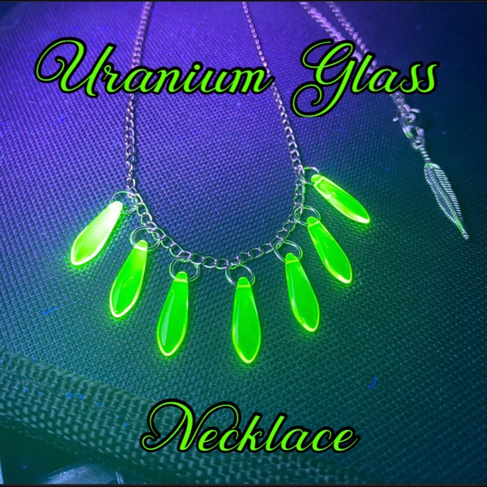 URANIUM Glass Necklace Yellow Vaseline Beads 24.5 Inch with Feather